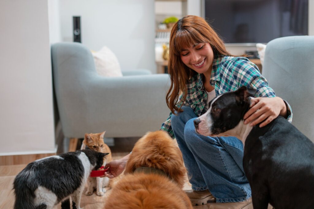 lady with happy cats and dogs at home.